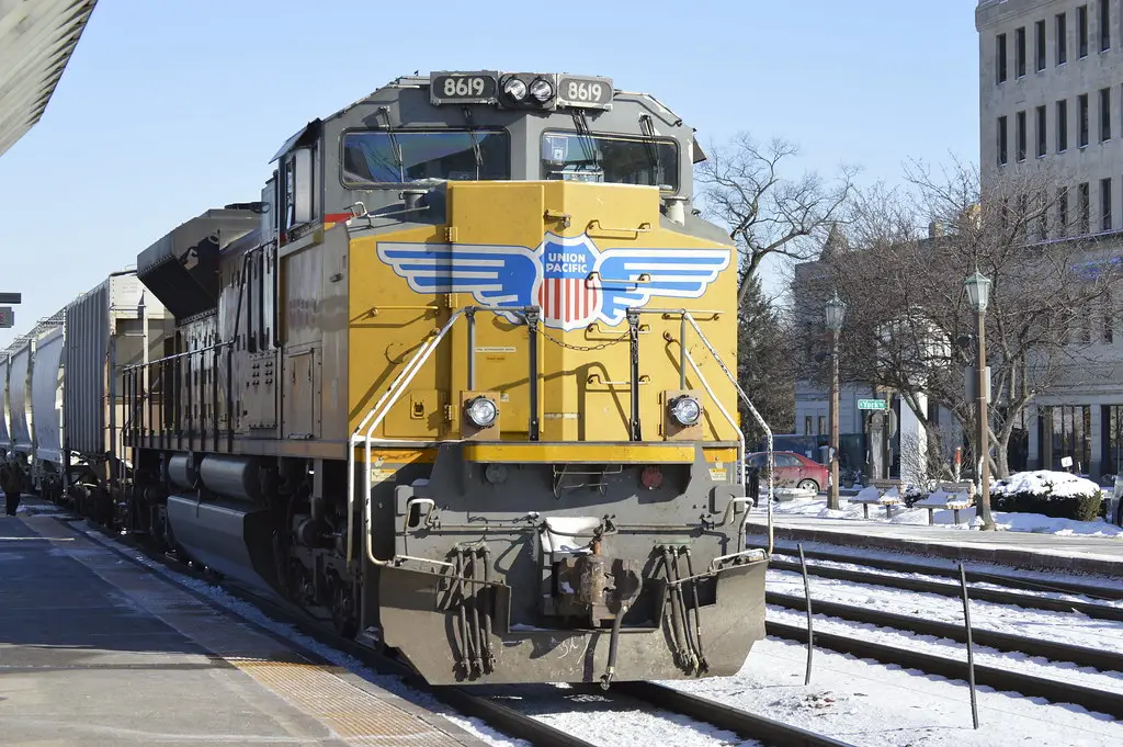 Union Pacific freight locomotive on the tracks, front view showing the air horn cluster