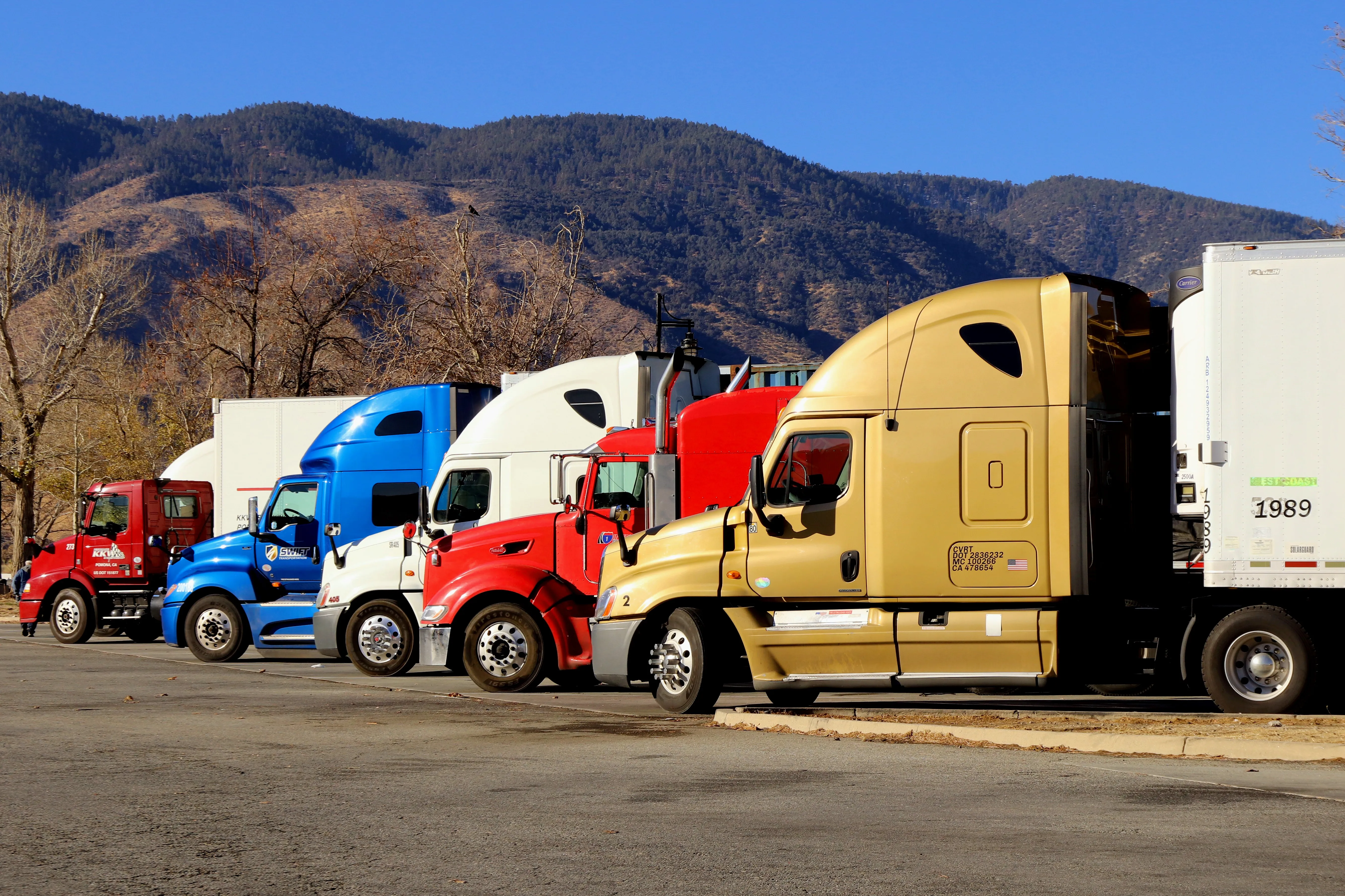 Row of colorful American semi trucks parked side by side