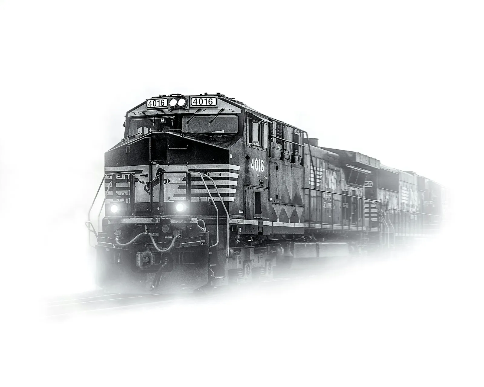 Old locomotive on snowy ground — vintage 1940s-60s diesel-era horn aesthetic