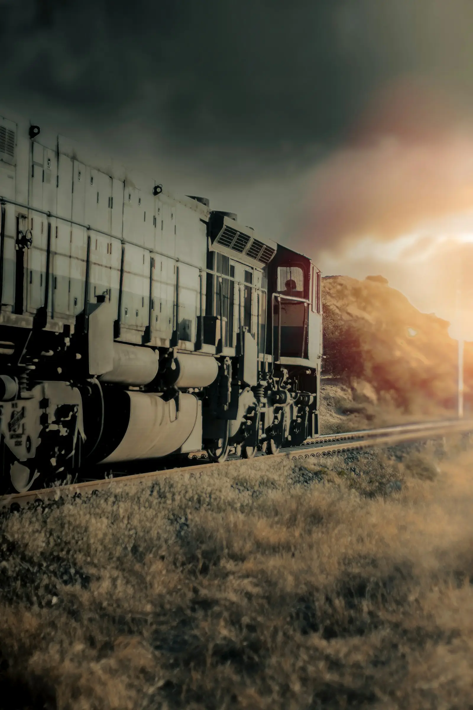 Diesel locomotive at sunset — the period-correct freight power Leslie's RS-3L Supertyfon was built for