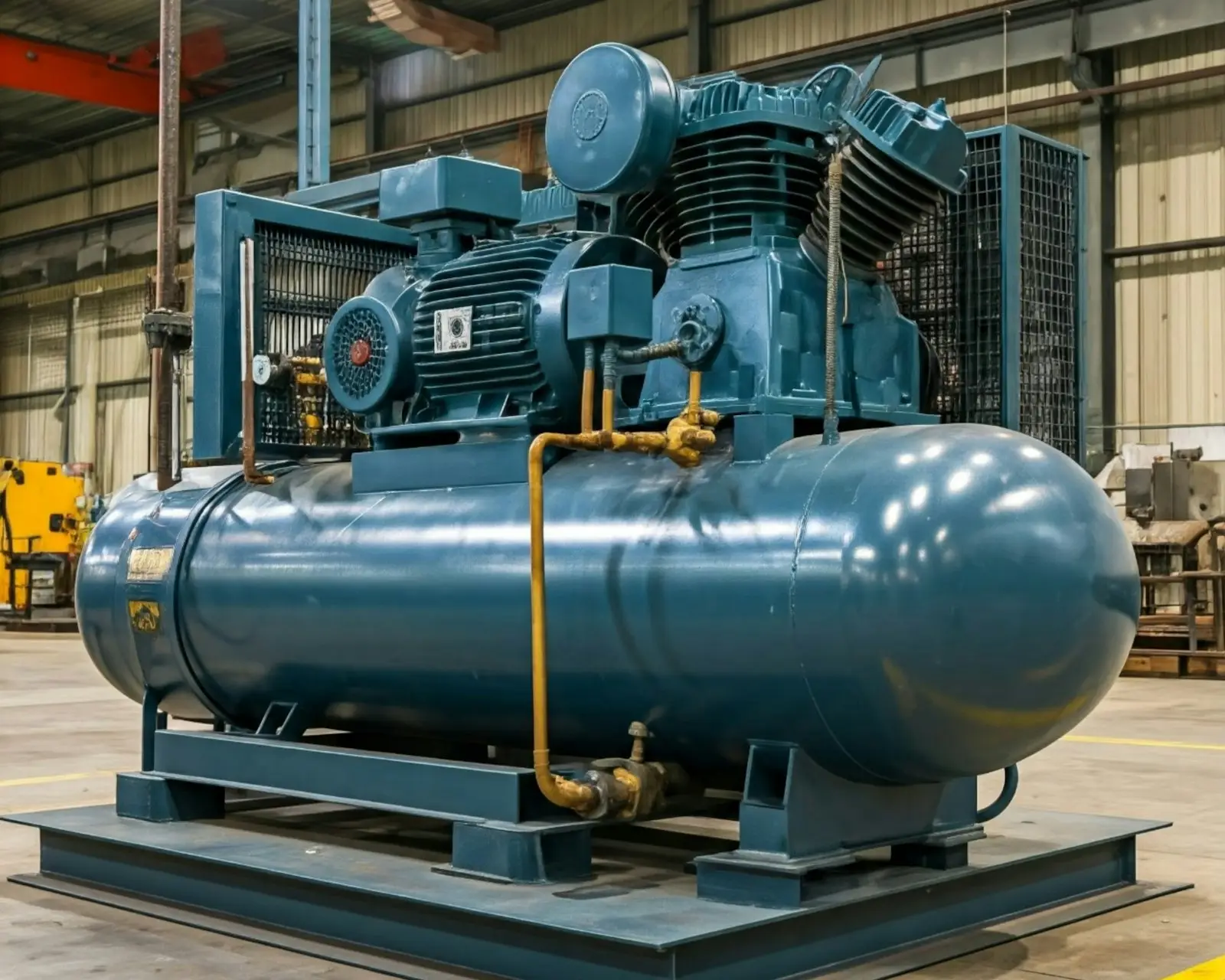 A large blue water heater sitting inside of a building