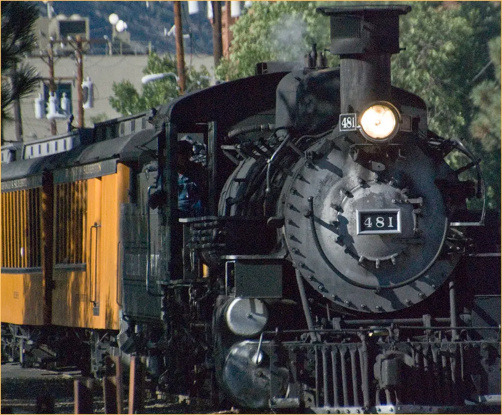 Durango & Silverton narrow-gauge steam locomotive approaching Durango, Colorado