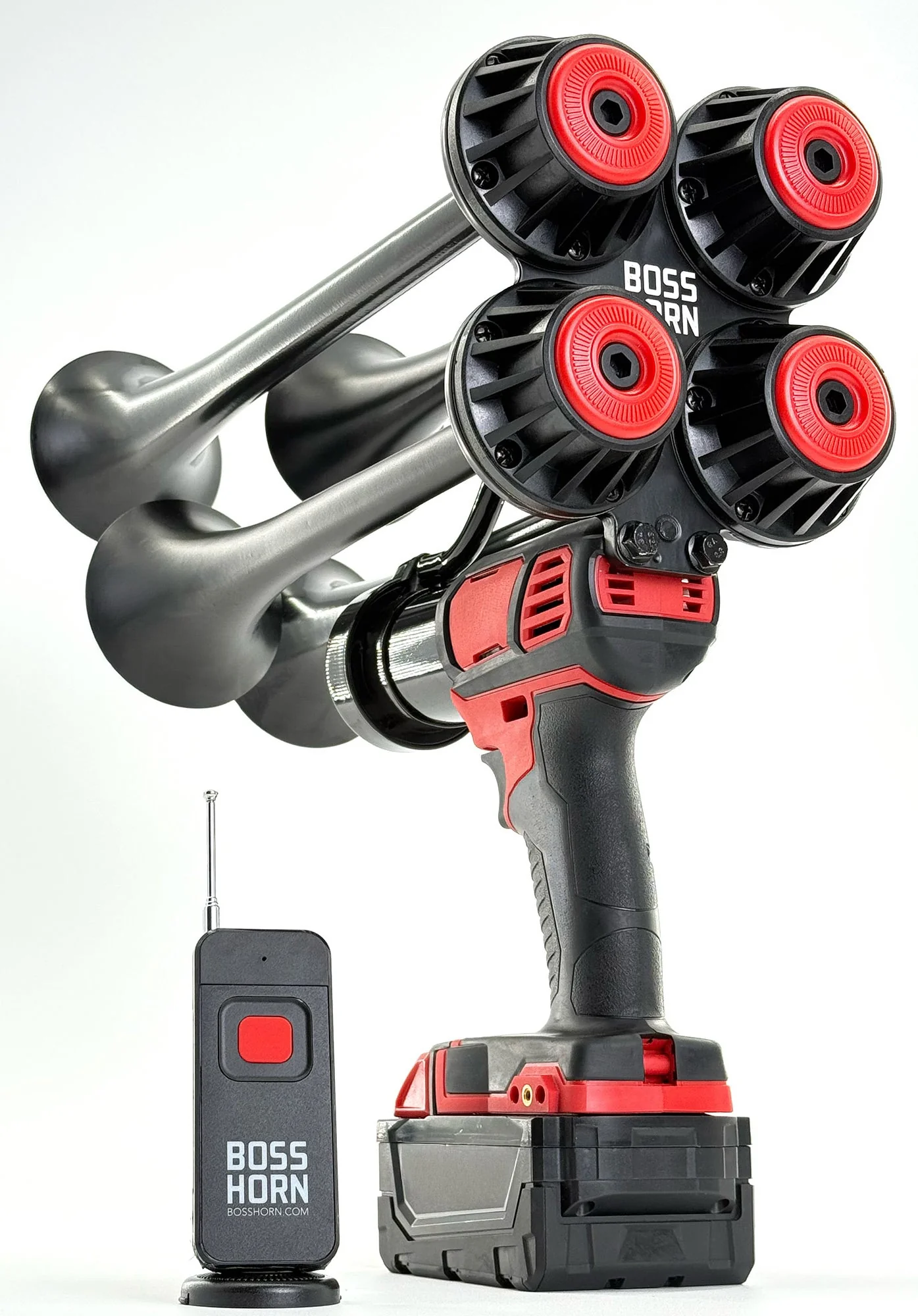 Boss Series portable train horn, side view on white background showing 14-inch and 12-inch trumpets