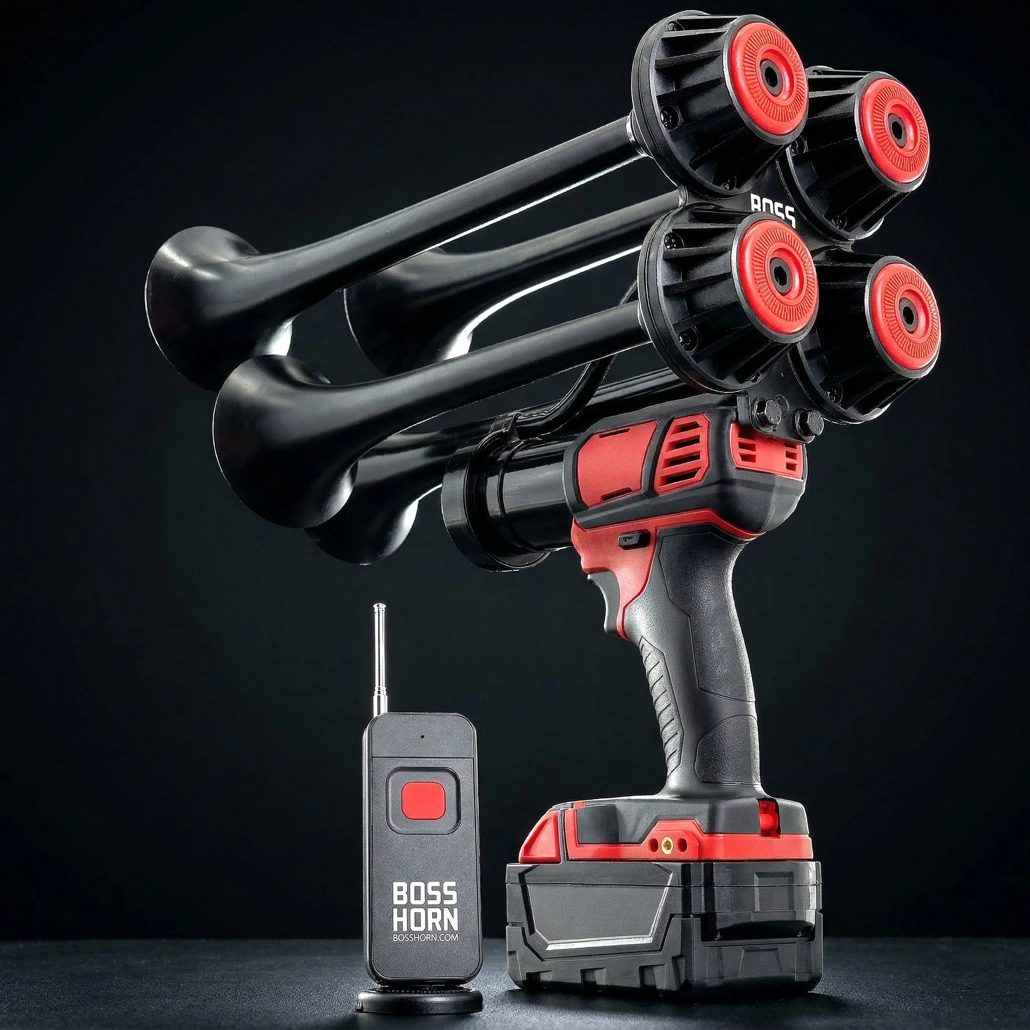 BossHorn Boss Series quad-trumpet portable train horn with remote and M18-compatible battery, side view