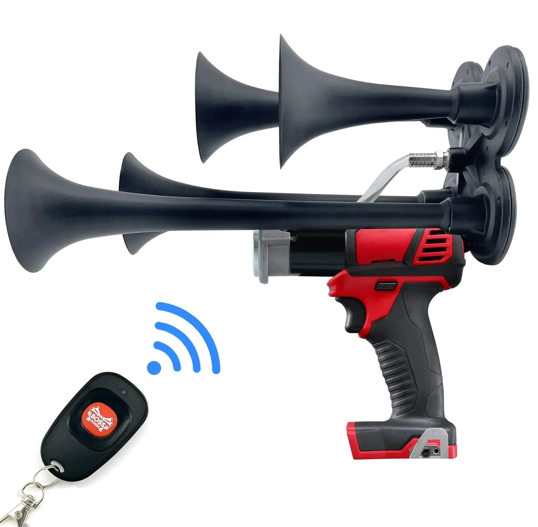 Side profile of the BossHorn M18 quad train horn with included 160 ft wireless remote