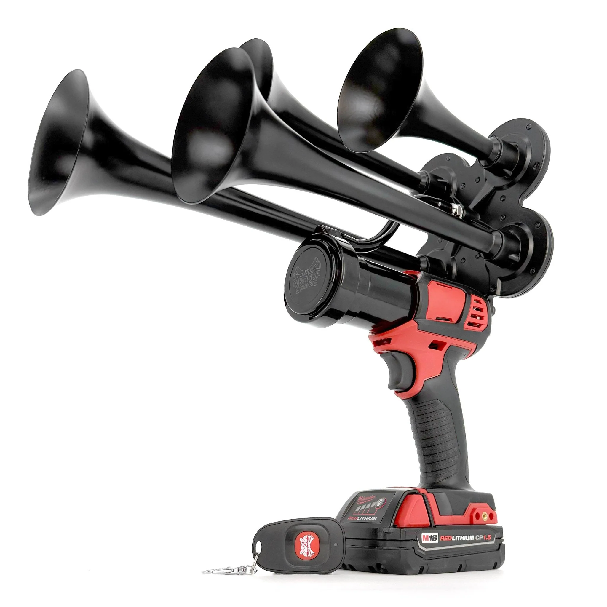 BossHorn Quad Train Horn for Milwaukee M18 battery with wireless remote, studio view