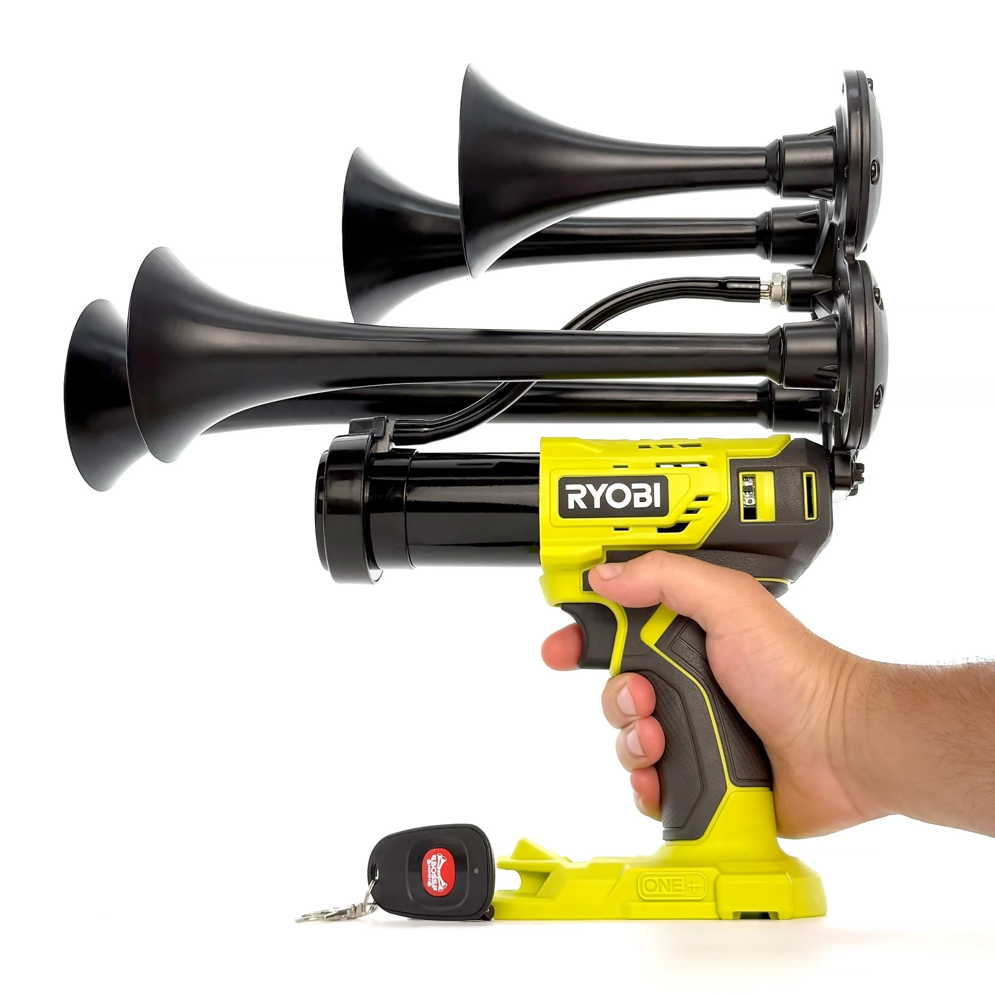 BossHorn Ryobi 18V battery quad train horn ready to use at an outdoor event