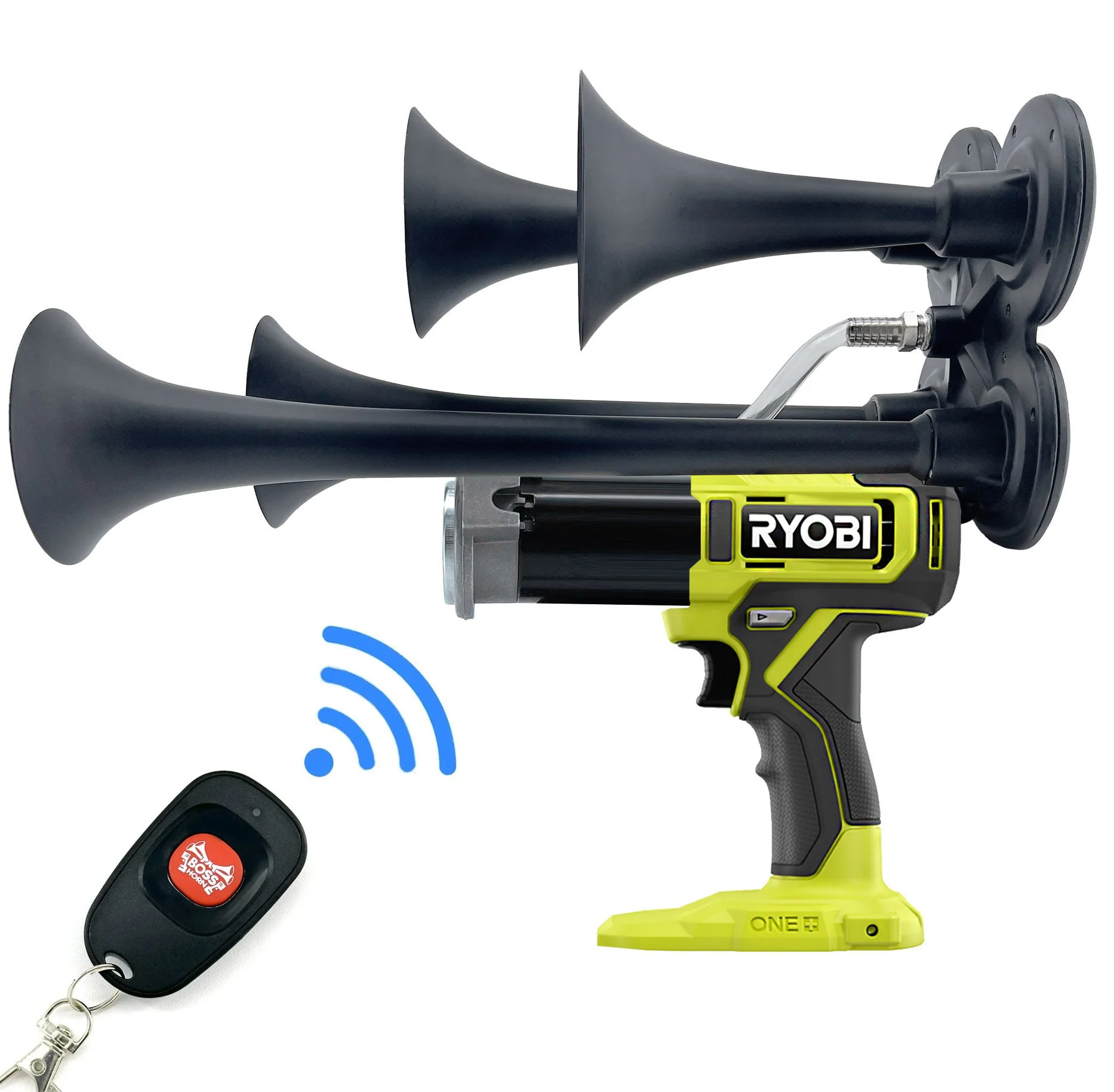 BossHorn Quad Train Horn for Ryobi 18V battery — four staggered aluminum trumpets