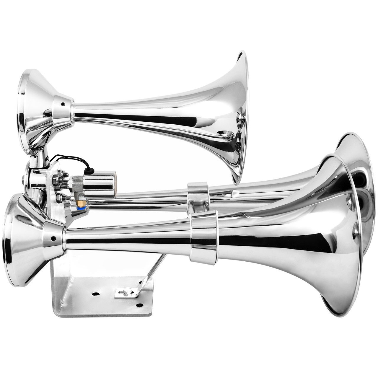 Side profile of the 69991 showing the three staggered trumpet lengths, solenoid valve, and mounting bracket