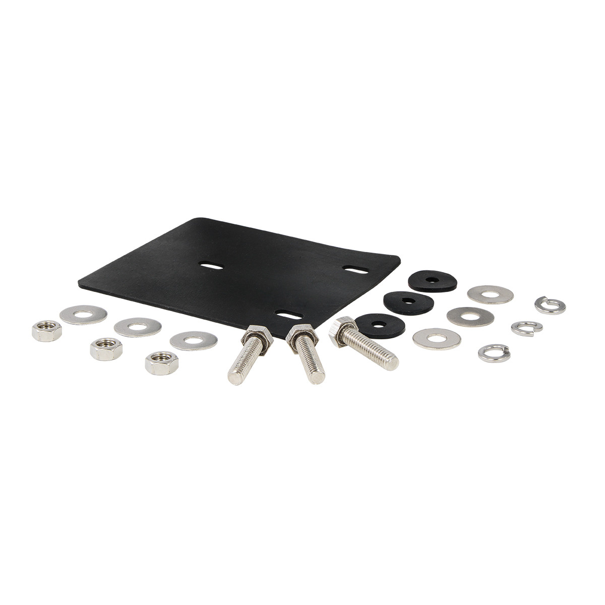 69991 mounting hardware kit — rubber base pad, bolts, washers, lock washers, and rubber isolators