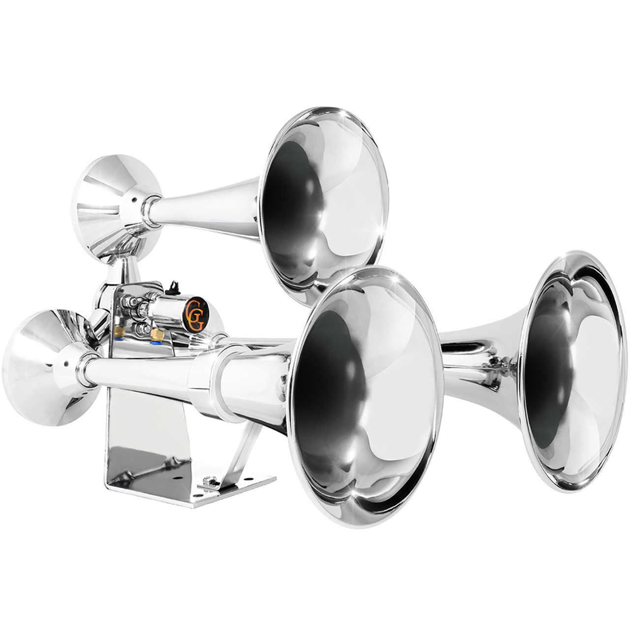 Grand General 69991 Heavy Duty Deluxe Train Horn — three chromed-brass trumpets on stainless L-bracket with solenoid