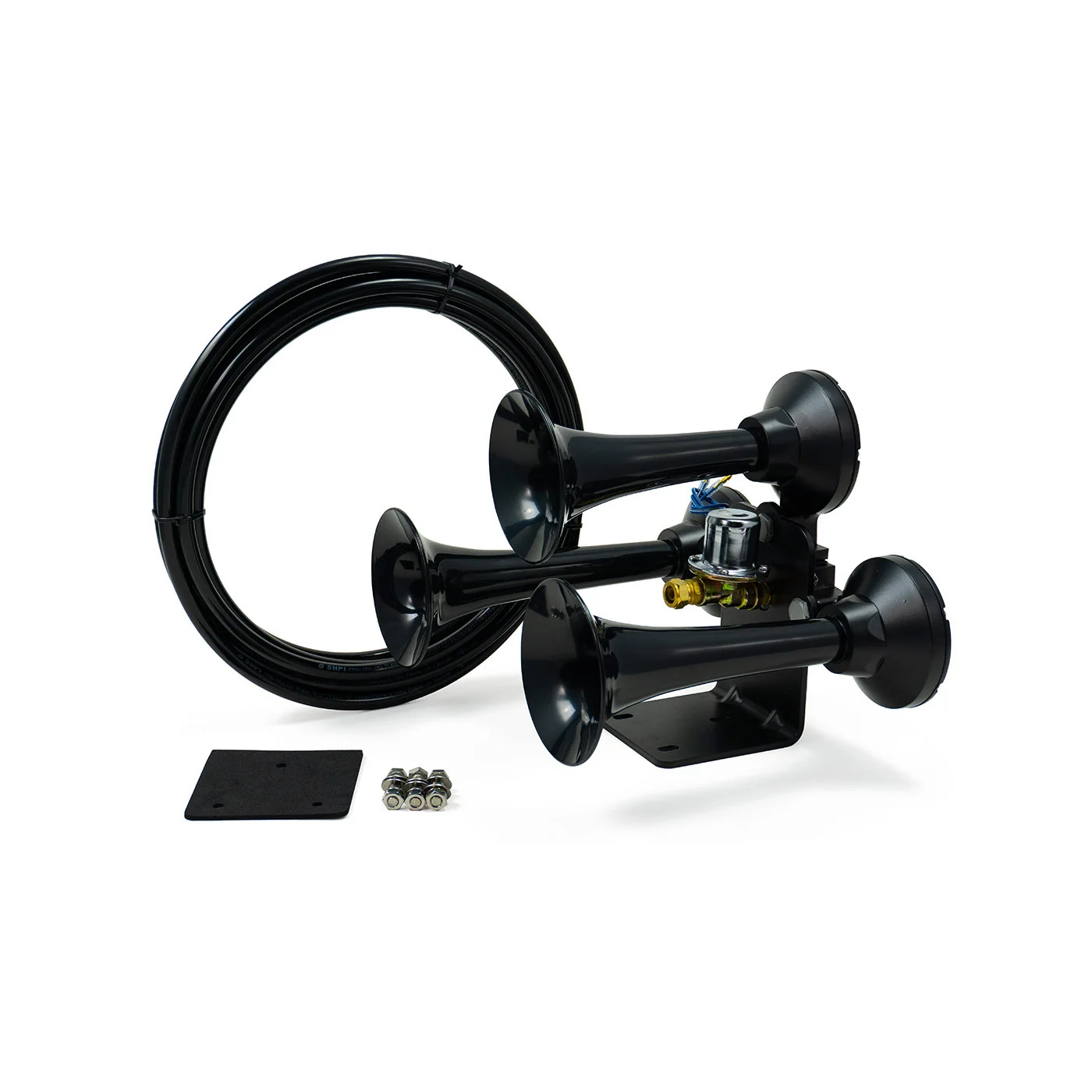 HornBlasters Bandit AH-BB box contents: horn, coiled air line, mounting pad and hardware