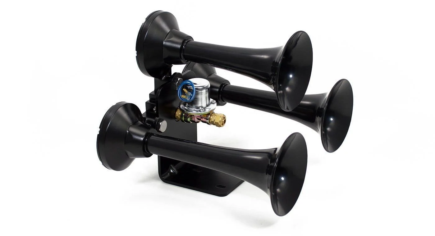 HornBlasters Bandit three-trumpet black air horn with pre-installed electric valve