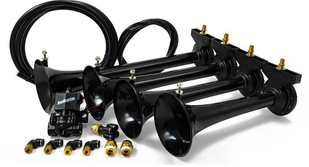 Conductor's Special 127H kit components laid out — horns, tank, compressor, valve and hardware