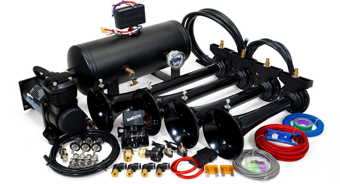 HornBlasters Conductor's Special 232 stealth black kit — Shocker XL horns, 2-gallon tank, air compressor, and hardware