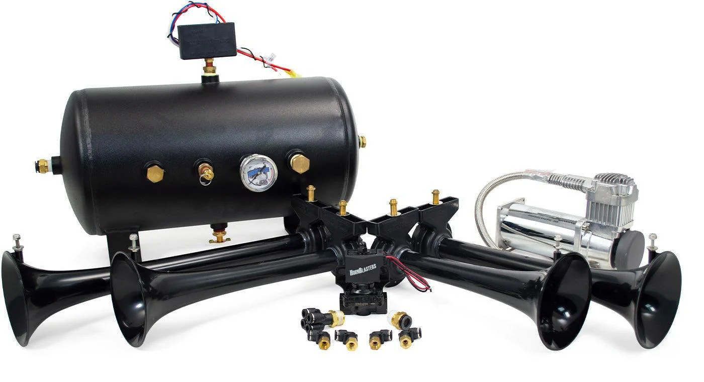 Conductor's Special 540 kit contents laid out — horns, tank, compressor and hardware