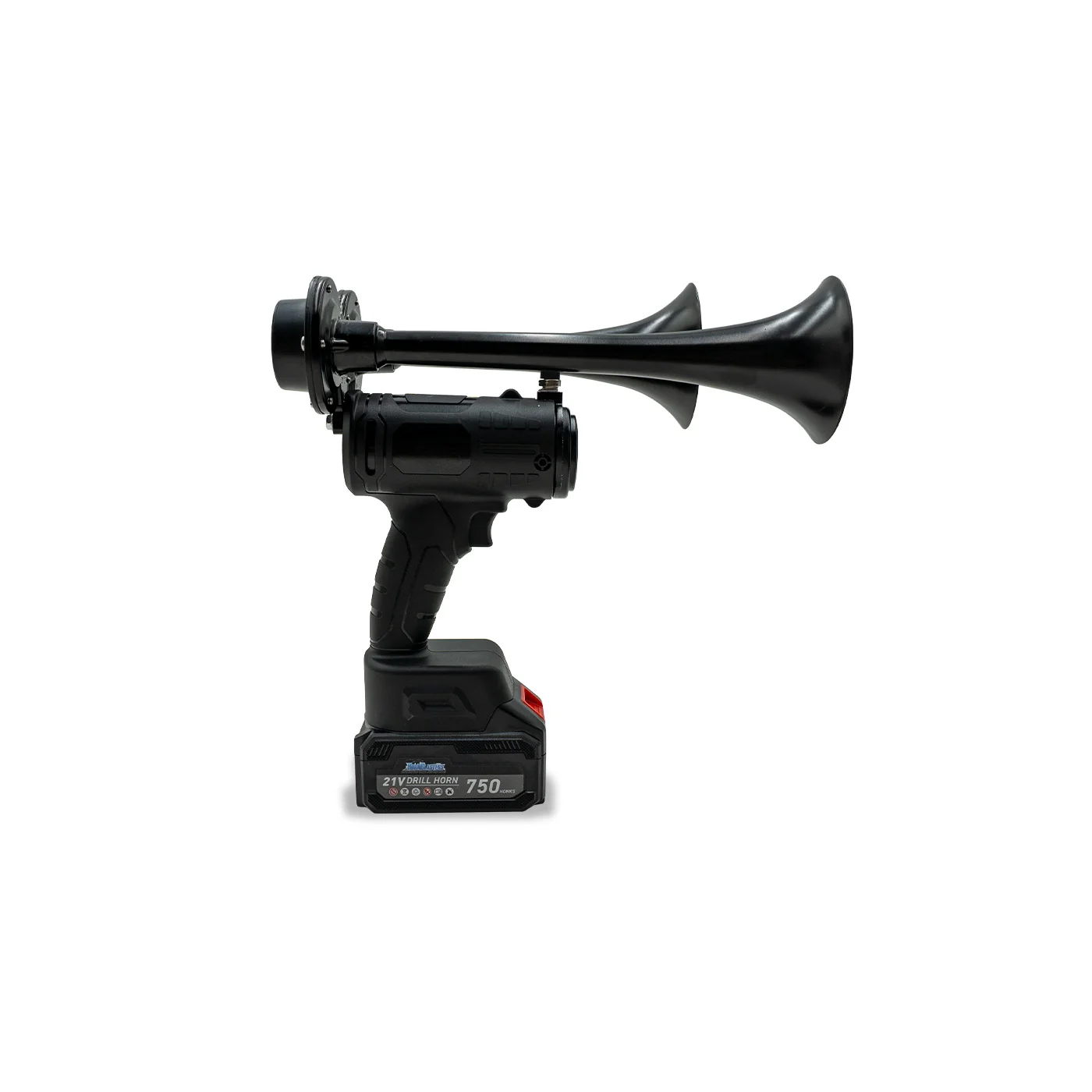 HornBlaster Drill Horn side profile showing pistol-grip body, compressor housing and dual flared trumpets