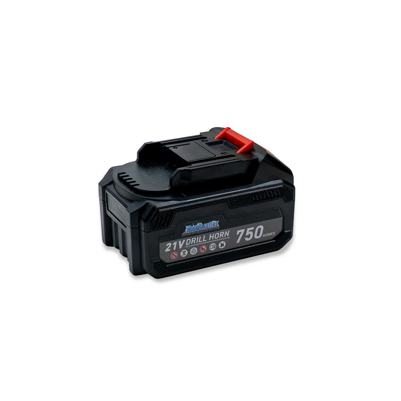 HornBlasters-branded 21V Drill Horn lithium-ion battery pack labeled 750 honks