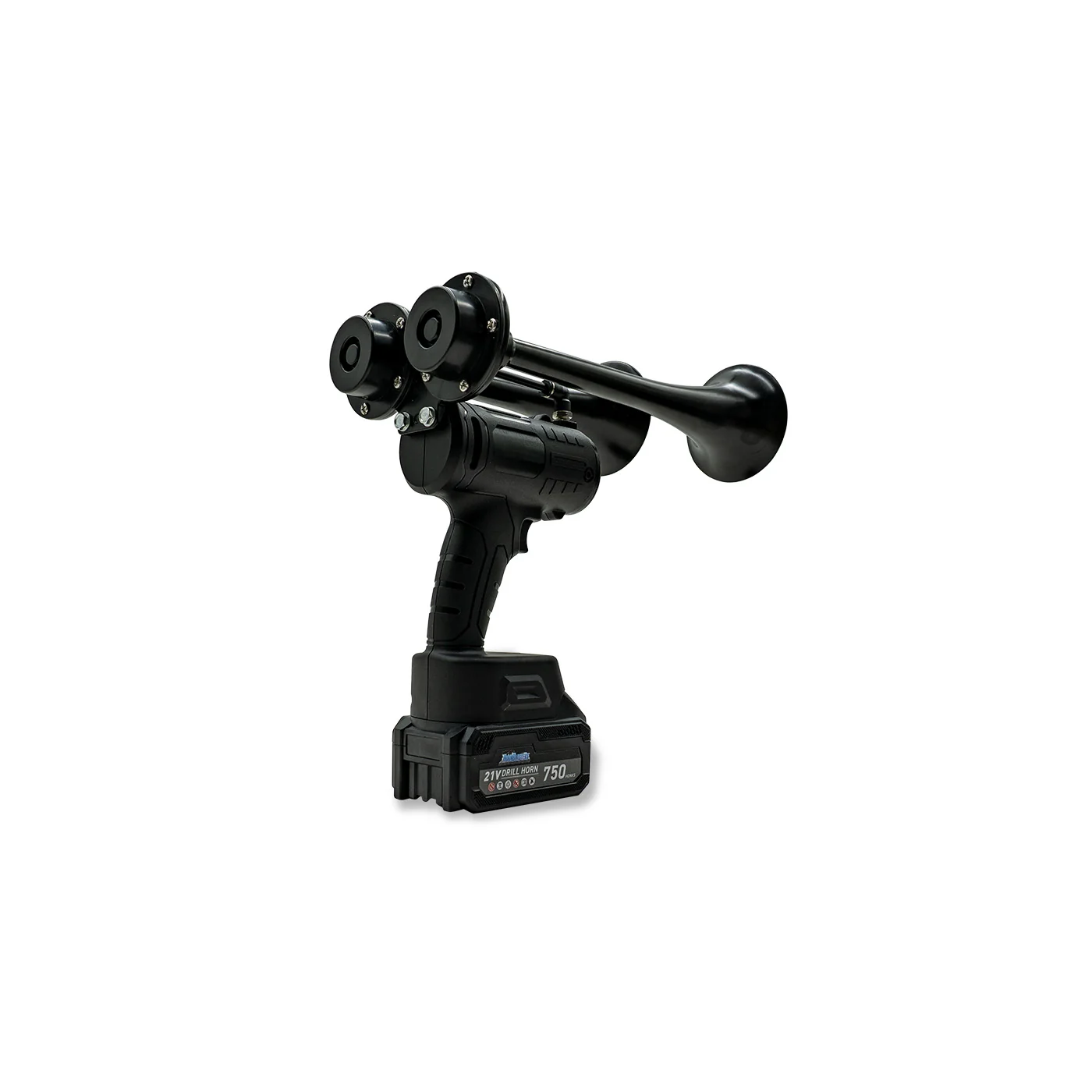 Rear three-quarter view of the HornBlaster Drill Horn showing the trumpet bases and compressor heads