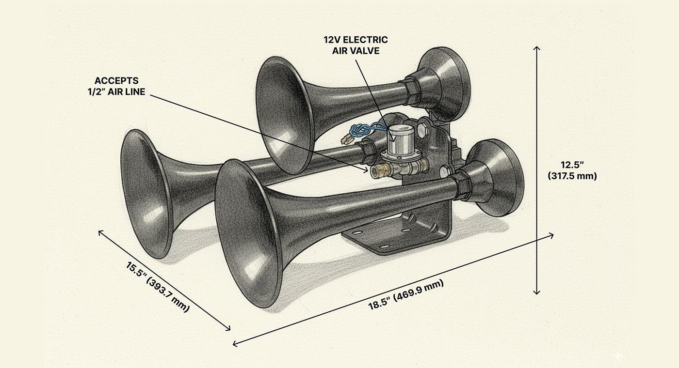 HornBlasters Outlaw 127H kit components and dimensions