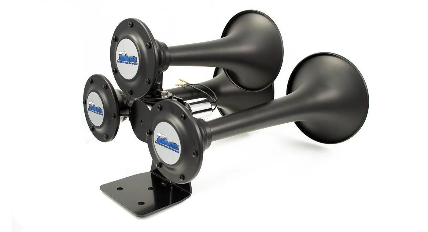 HornBlasters Rhino three-trumpet train horn in stealth black, rear angle showing chime caps and bracket