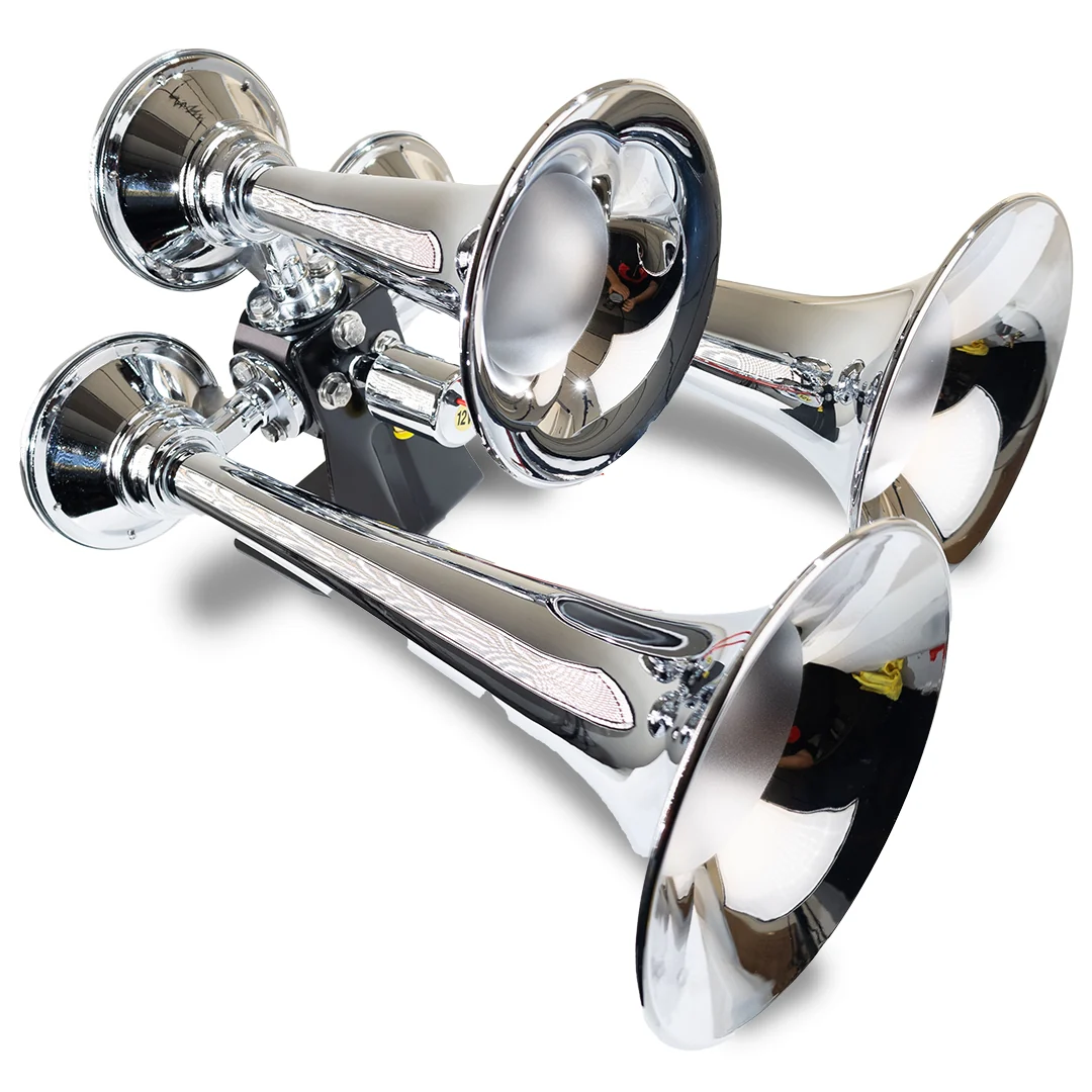Kleinn Model 500 Sentinel triple train horn — chrome-plated ABS trumpets on aluminum bracket