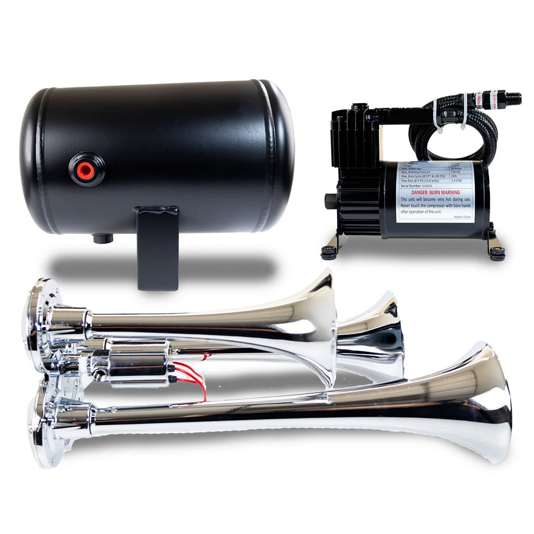 Kleinn HK3 ProBlaster chrome triple air horn kit — horns, compressor and 1-gallon tank