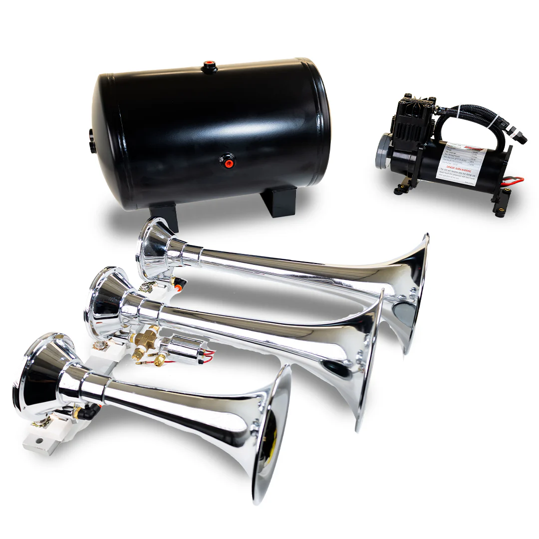Kleinn HK8 Titan triple train horn kit — chrome trumpets, 6350RC compressor and 3-gallon tank