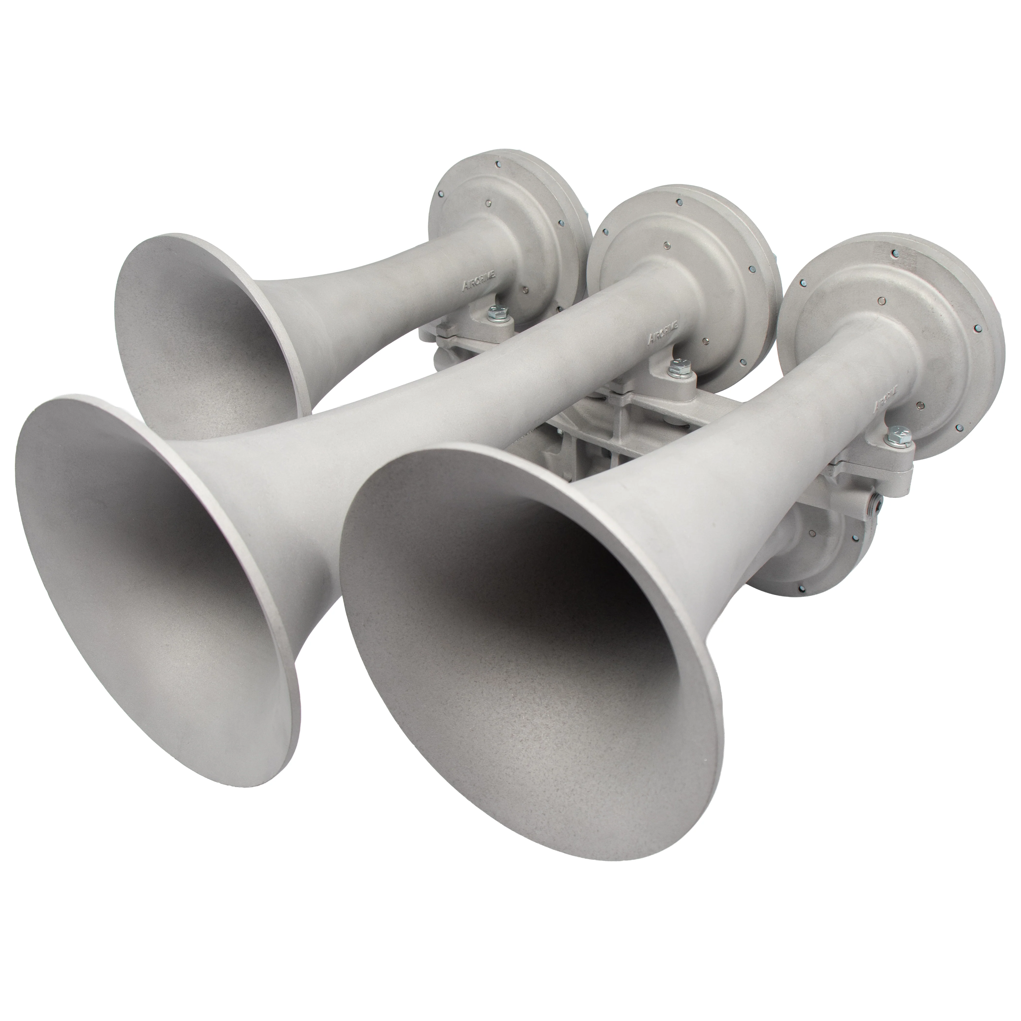 Nathan AirChime K5HL locomotive horn bell openings, front three-quarter view
