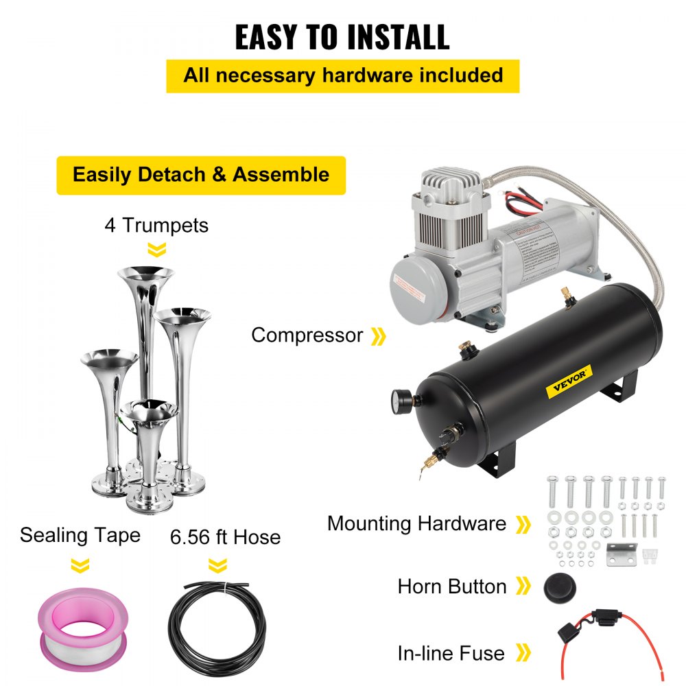 Vevor 10L train horn kit contents: trumpets, compressor, tank, 6.56 ft hose, sealing tape, horn button, in-line fuse and mounting hardware