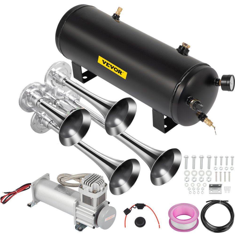 Vevor 4-trumpet train horn kit with black 2.6-gallon tank, chrome trumpets and 200 PSI compressor
