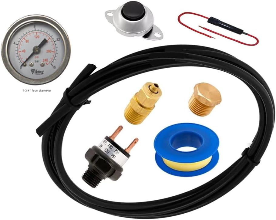 Viking Horns V101C-3/307B train horn kit components: Viking-branded air gauge, 150 PSI pressure switch, horn button and brass fittings