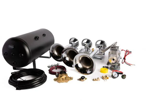 Viking Horns V103C-6-12/311-1 train horn kit — three metal trumpets, 5-gallon black tank, 200 PSI compressor and fittings