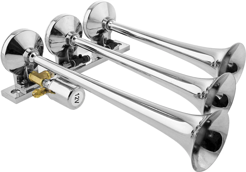 VXH3118 chrome trumpets shown from the side with the 12V solenoid valve