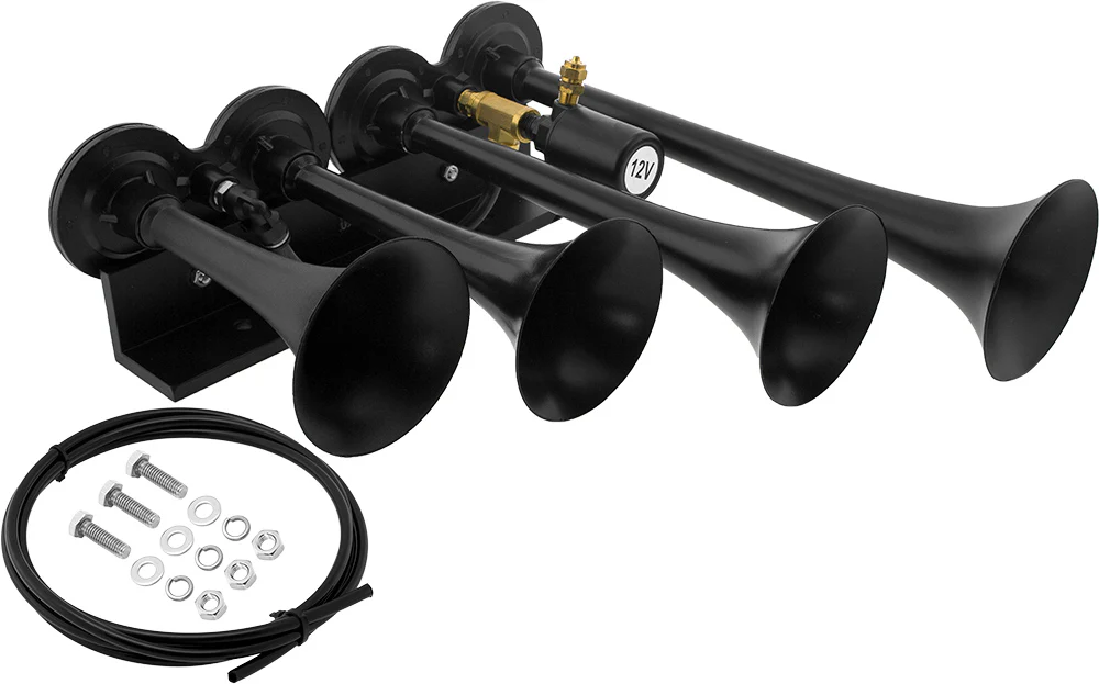Vixen Horns VXH4124B four-trumpet train air horn in black, front three-quarter view