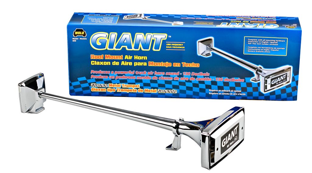 Wolo 820 Giant low-tone chrome roof-mount air horn with front pedestal support, shown in front of its retail box