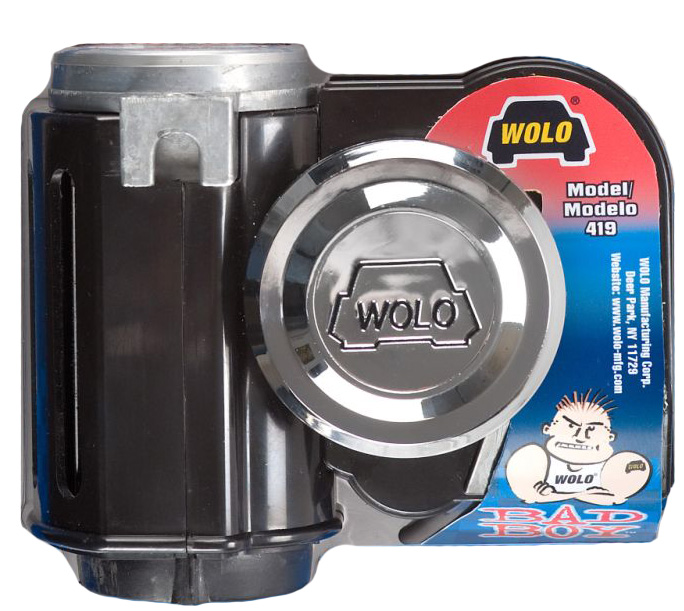 Wolo Bad Boy 419 air horn showing the compact integrated-compressor body