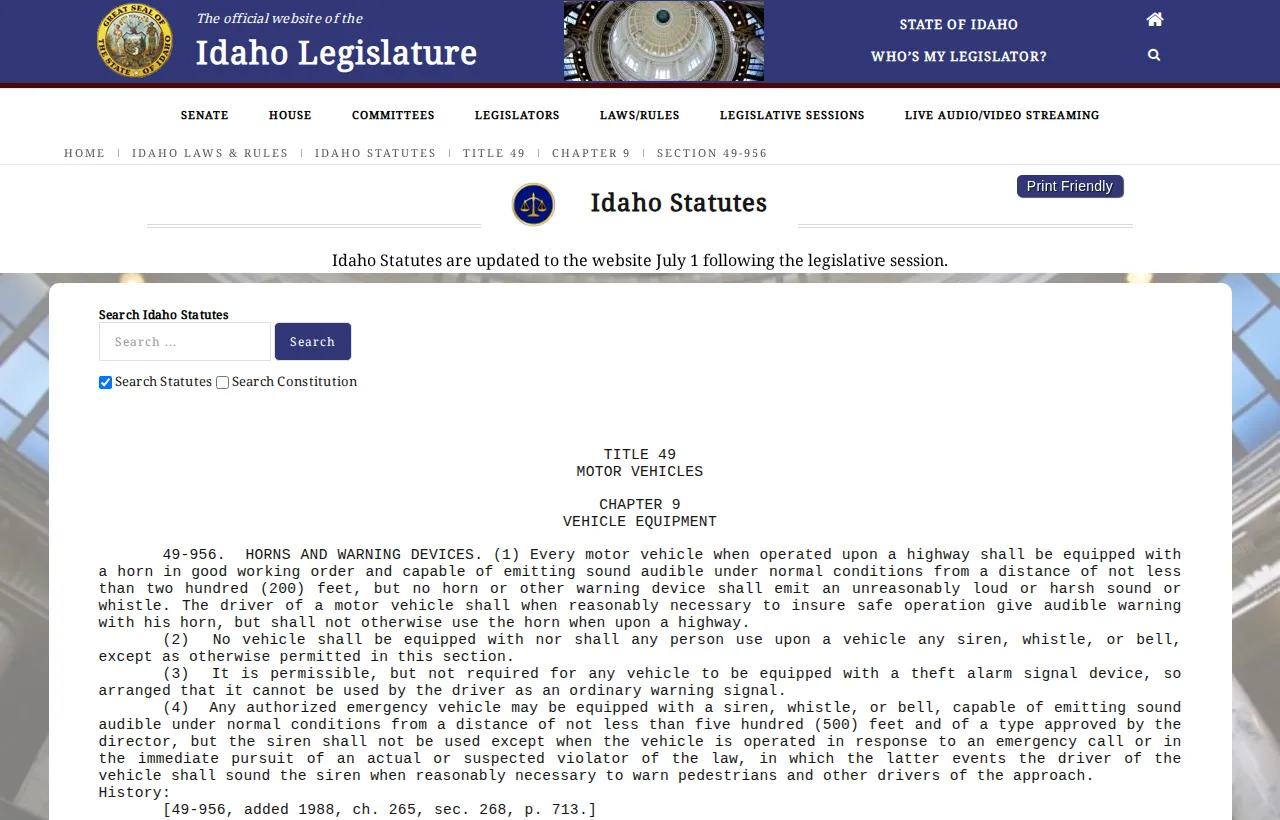 Screenshot of the official statute page at legislature.idaho.gov